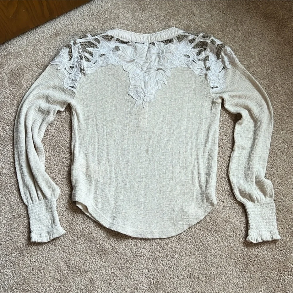 Free People Long Sleeve Henley With Floral Shoulder and Back Embroidered Desigon